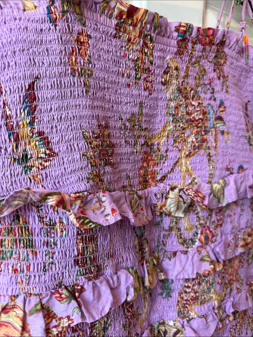 FARM Rio Lavender Floral Smocked Mini Dress Beaded Tie Straps Ruffle Boho purple - Picture 5 of 8